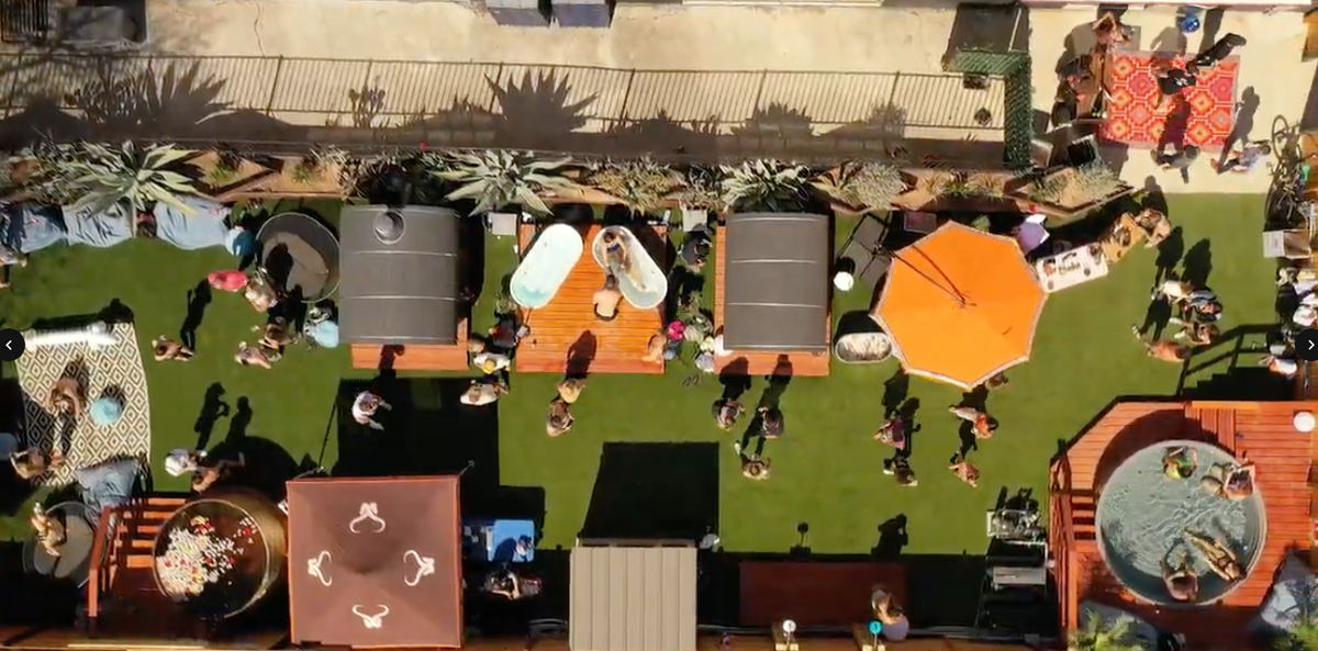 Aerial view of a FjØRD activation with cold plunges set up at an outdoor event