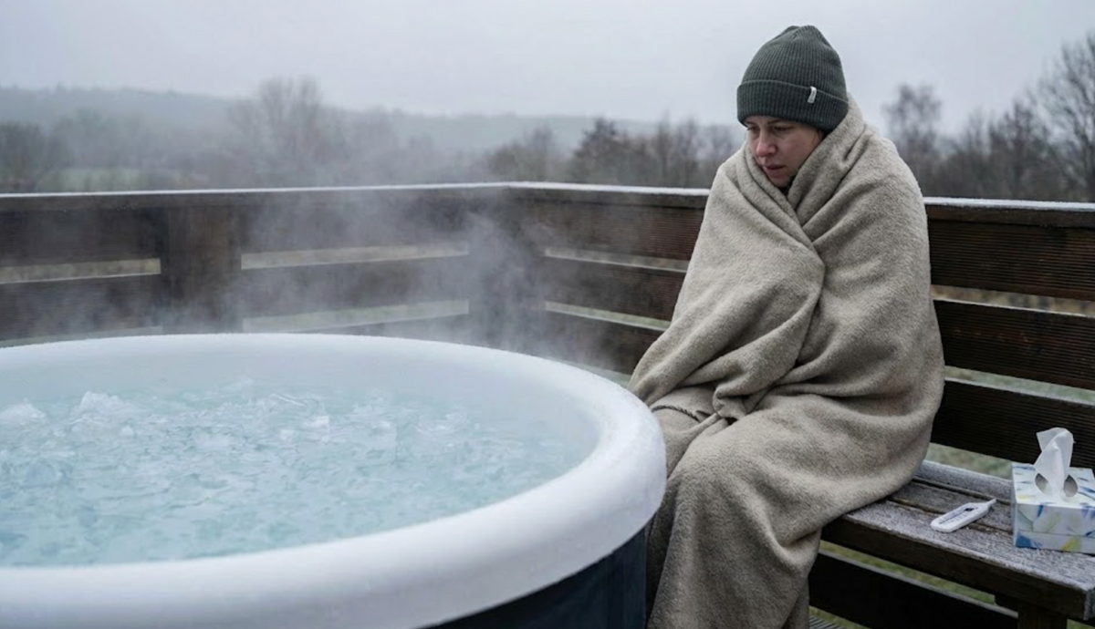 Person wrapped in a blanket beside a steaming cold plunge in winter