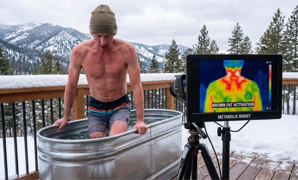 Man stepping into an ice bath with a thermal camera showing heat loss